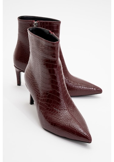 Noya Bordo Baskı Sivri Burun Kadın İnce Topuklu Bot Bordo