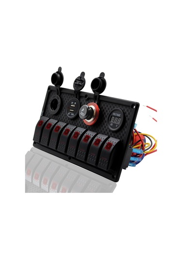 Bfy Switch Panel 8'Li +Usb+Plastik Çakmaklık+ Çakmak+ Voltmetre Kırmızı