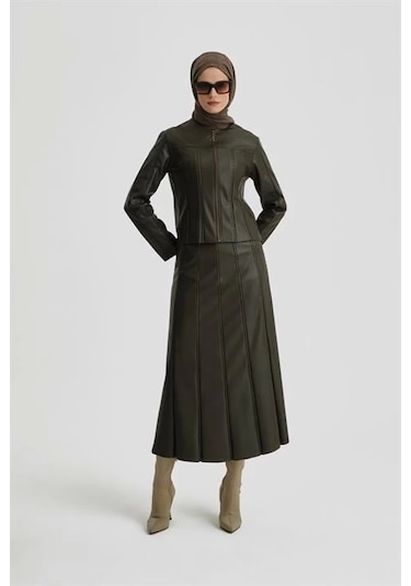 Armine Trok Biyeli Deri Ceket 24k5716 Haki Haki