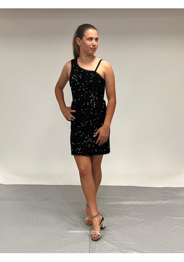 Kız Çocuk Abiye Siyah Tek Omuz Asimetsik Kesim Pul Payet İşlemeli Tül Kol Detaylı 10-15 Yaş Siyah