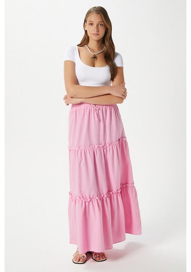 Kadın Elanora Pembe Astarlı Katlı Poplin Etek Pembe