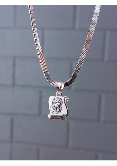Gümüş Meryem Ana Plaka Madalyon Tasarım Yılan Zincir Kadın Kolye