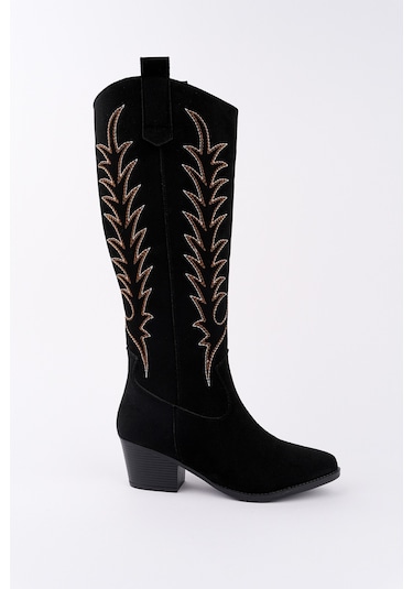 Muggo Texas Sivri Burun Nakışlı Kalın Topuklu Kadın Kovboy Western Çizme Sıyah Suet