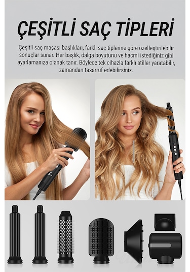 Veryfit 7 in 1 Hava Üflemeli Saç Düzleştirici Bukle Maşa Airwrap Compact Saç Kurutma Fön Makinesi Siyah