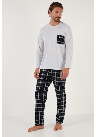 Buratti Ekoseli Cepli Beli Lastikli % 100 Pamuk Regular Fit Erkek Pijama Takımı 6572001 Gri Melanj