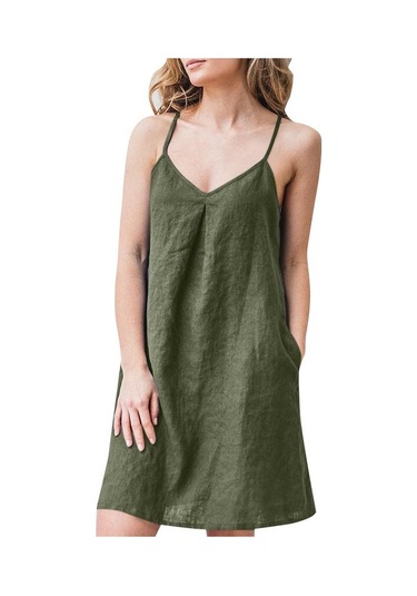 Haki Zanzea Bayan Yaz Kolsuz V Yaka Pamuk Basic İnce Mini Kayma Elbise Haki