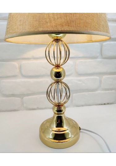 Gold Altın Renk Tel Toplu Metal Ayaklı Kahverengi Şapkalı Abajur Altın - Kahverengi