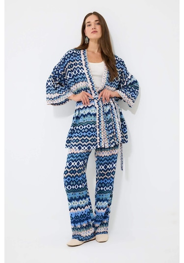 DeFacto Relax Fit Desenli Kuşaklı Kimono D5443AX25SPIN59 İndigo