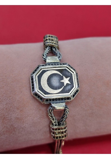 Modagümüşevi 925 Ayar Gümüş Ay Yıldızlı El Yapımı Hasır Bileklik, Ayyıldızlı Erkek Bileklik
