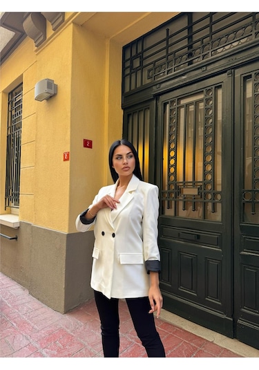 Beyaz Polyester Keten Düğmeli Ceket Beyaz