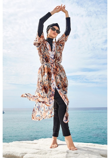 Adasea Uv Korumalı Mayo Üzerine Tek Pareo Kimono 1708 Bej Bej