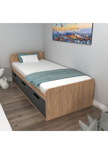 Arnetti Akser 90x190 Cm Yatak Uyumlu 3 Kapaklı Dolaplı Tek Kişilik Karyola Atlantik Çam Antrasit - Akser