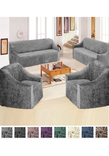 Upmall Kadife 3+3+1+1 Lastikli Kanepe Örtüsü Koltuk Örtüsü Gri