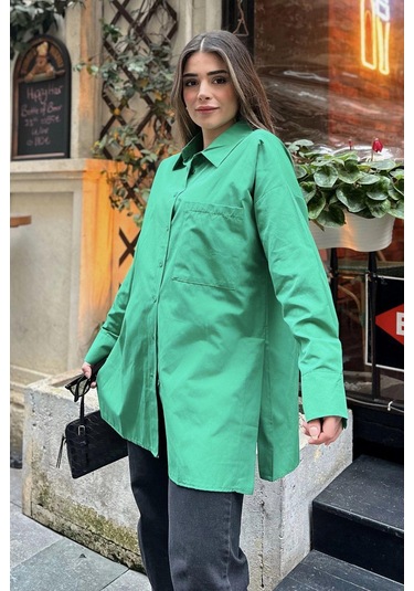 Kadın Yeşil Terikoton Kumaş, Yırtmaçlı, Rahat Uzun Gömlek Benetton