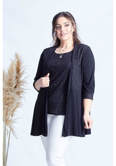 4036 SİYAH SİMLİ  2' Lİ ATLET-CEKET BÜYÜK BEDEN  PARLAK TAKIM Siyah