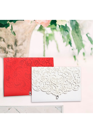 Shineyee 10'lu Beyaz Kristal Taşlı Laser Kesimli Çiçek Desenli Davetiye Seti Zarf + Kılıf + Boş İç Sayfa - Düğün, Parti, Doğum Günü