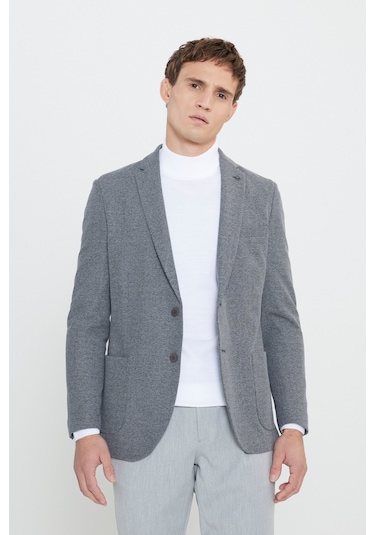 Erkek Sıyah Grı Slim Fit Dar Kesim Mono Yaka Armürlü Torba Cepli Ceket Sıyah Grı
