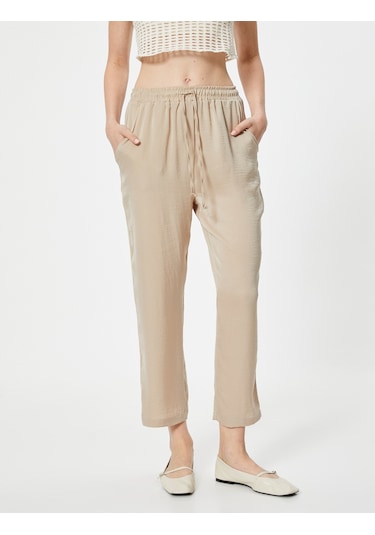 Koton Crop Paça Pantolon Beli Bağlamalı Cepli Bej 4sak40112pw Ekru