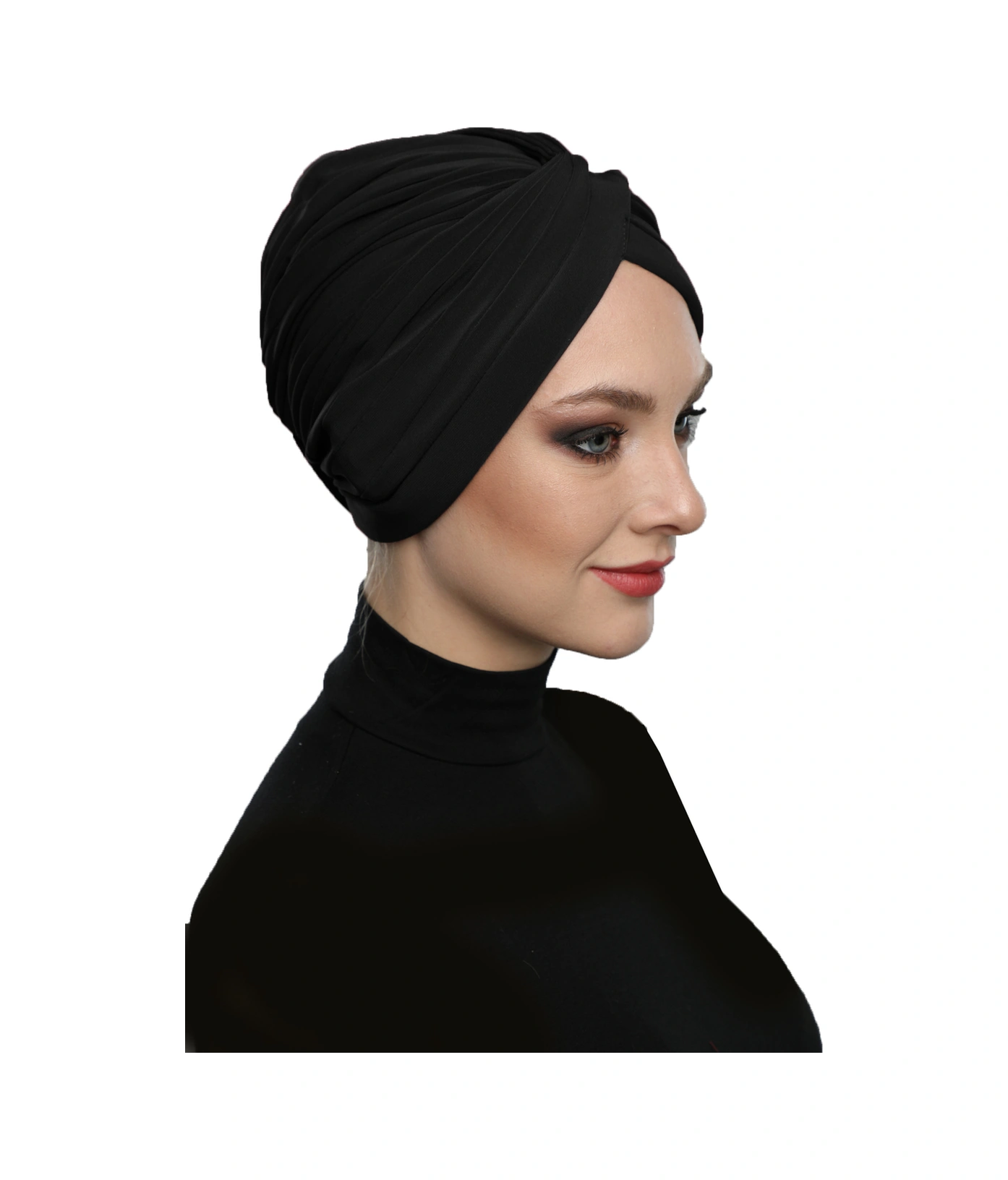 Çapraz W Nervürlü Ensesi Bantlı Siyah Hazır Türban Tesettür Havuz Bonesi Siyah
