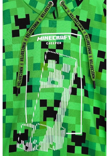 360 Derece Minecraft Baskılı Kışlık Çocuk Kapüşonlu Sweatshirt Yeşil