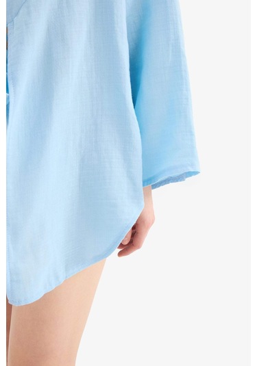 DeFacto Müslin Önden Bağlamalı Plaj Gömleği-Fall in Love B7333AX25SMBE509 Mavi