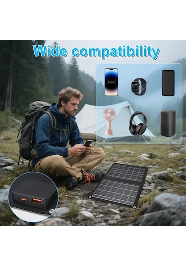 Motion003 Taşınabilir Güneş Paneli Şarj Cihazı 36.8x23.5 Cm Siyah 2si 1 Arada Katlanabilir Usb Type C Portlu Su Geçirmez Kamp Seyahat Acil Durum Şarj