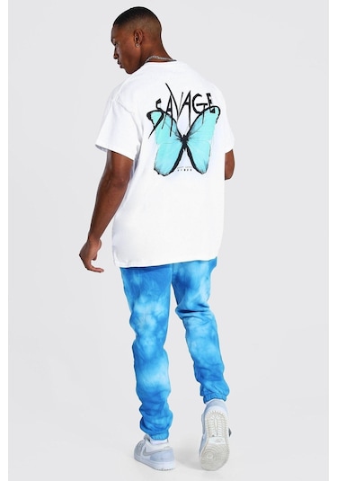 Erkek Beyaz Oversize Savage Butterfly Baskılı T-shirt Beyaz-65951