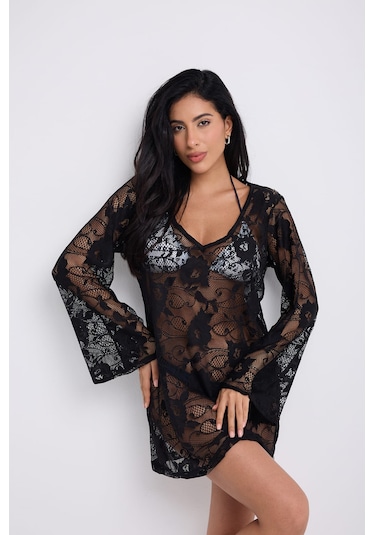 Kolları Volanlı Elbise Siyah