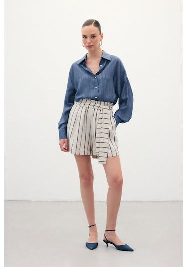 Sateen Çizgili Keten Şort - Lacivert-136387 Lacivert