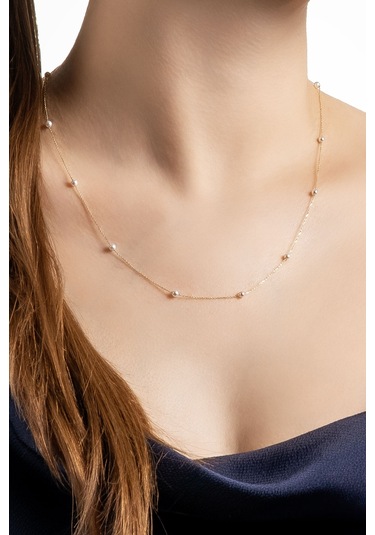 Doğal İnci Taşlı 14 Ayar Sarı Altın Kolye Sarı - Beyaz