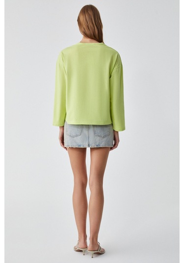 GRIMELANGE Basıl Kadını Oversize %100 Organik Pamuk Örme Uzun Kol Yeşil T-shirt Yeşil