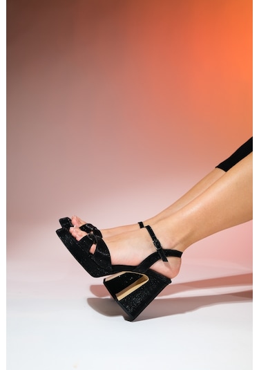 Luvishoes Lello Siyah Çizgili Kadın Platform Topuklu Ayakkabı Siyah