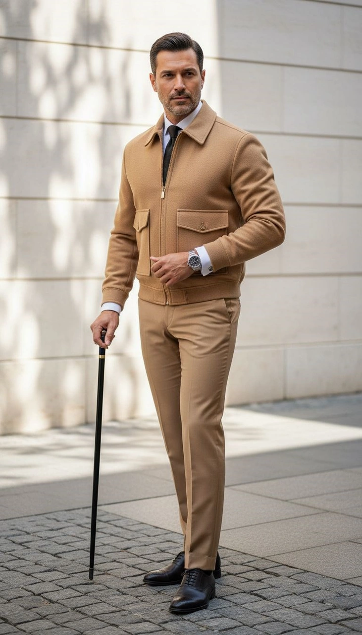 Erkek Oversize Kaşe Mont Siyah Kalın Kumaş Şık Kışlık Mont Açık Bej