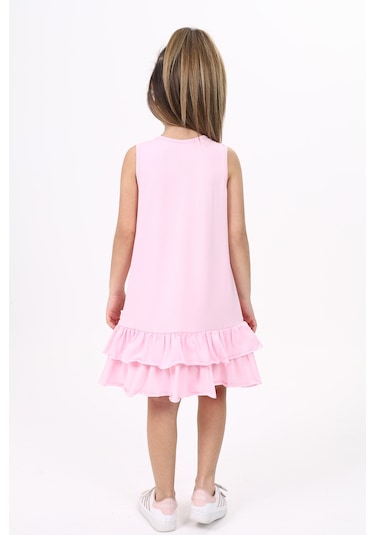 Toontoy Kız Çocuk Palmiye Baskılı Fırfırlı Elbise Açık Pembe