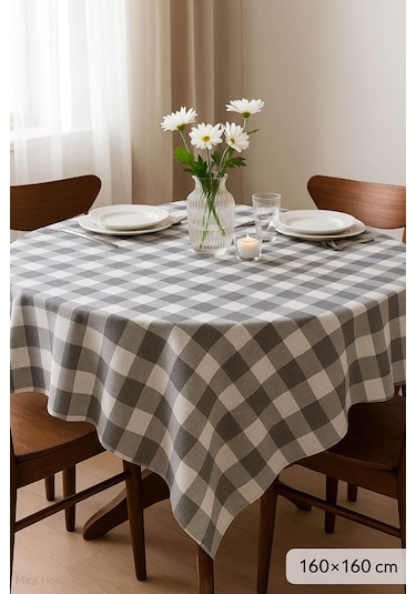 Mira Home Kareli Masa Örtüsü Sofra Bezi 160x160 Cm Happytime Gri