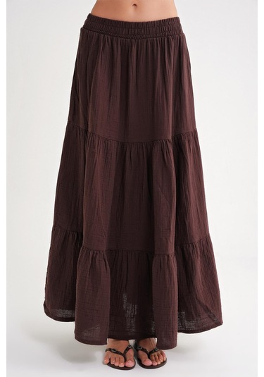 4567 Kadın Fırfırlı Uzun Müslin Etek Kahve Kahve
