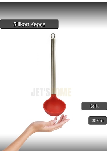 Silikon Kepçe Paslanmaz Saplı Servis Kepçesi Kırmızı 30 Cm
