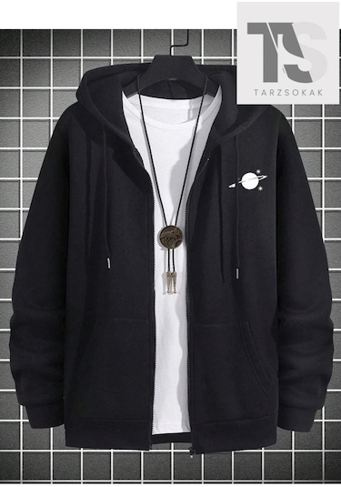 Adrift Saturn Cosmos Sweatshirt Fermuarlı Siyah