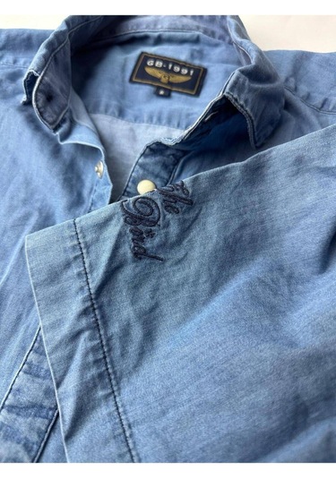 Saf Pamuk Kısa Kol Kot Gömlek Mavi