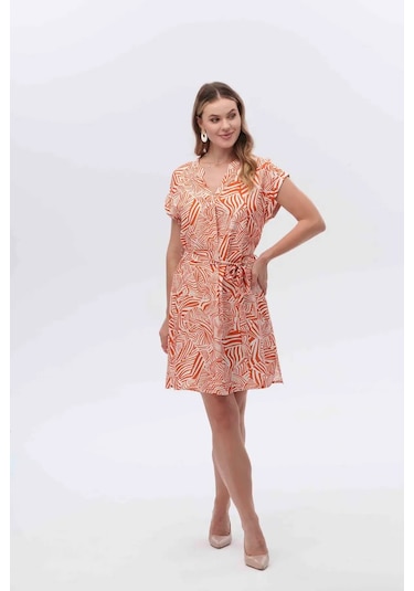 Canel Kısa Kol V Yaka Midi Elbise - Minimalist Desen - Günlük Kullanım Zebra