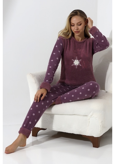 Fawn 5020 Peluş Welsoft Polar Kışlık Yumoş Kadın Pijama Takımı Lila