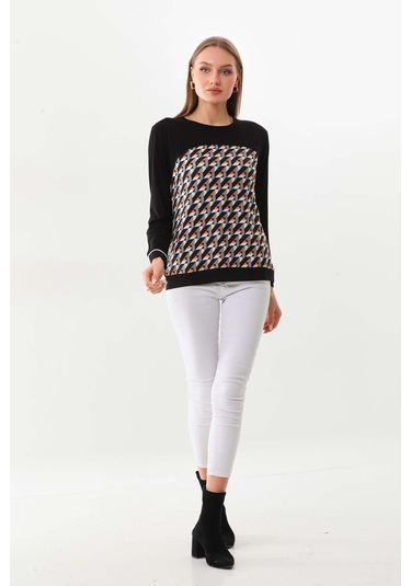 Sistas Kadın Desenli Uzun Kol Bluz 23618 Siyah