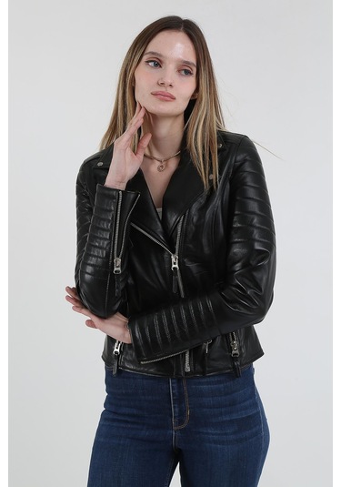 Derinss 1515 Hakiki Deri Kadın Siyah Mont