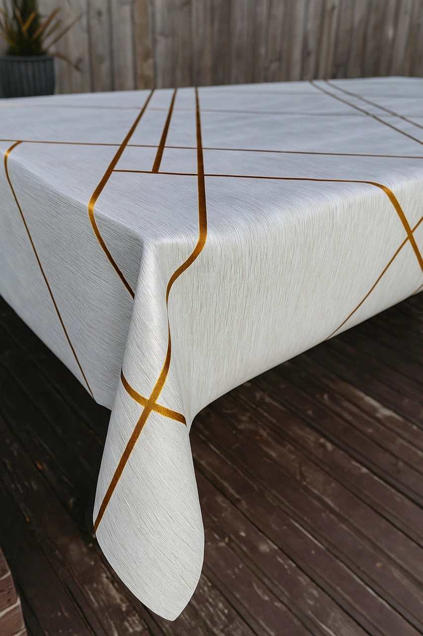 Rona Home Bej Kırık Beyaz Gold Şerit Desenli Masa Örtüsü Silinebilir Lüks Muşamba Sofra Bezi Bej