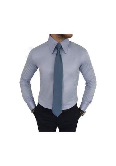 Italyan Stil Slim Fit Sivri Yaka Saten Erkek Gömlek Mavi T7215