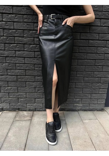 Budad Yırtmaçlı Siyah Deri Maksi Kalem Etek 246347820 Siyah