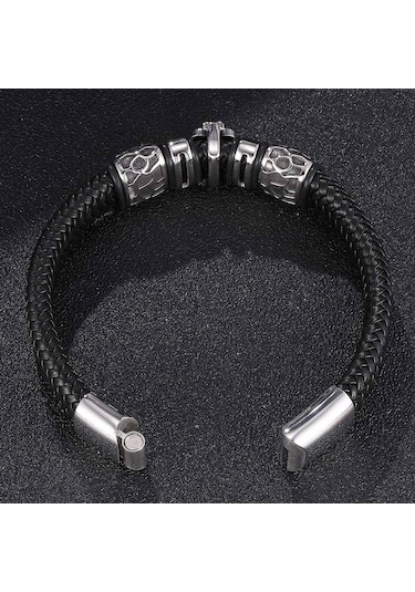 Punk Maça Kafatası Takı Erkek Bileklik Charm Paslanmaz Çelik Bilezikler Siyah Geniş Örgülü Erkek Deri Bileklikler Siyah