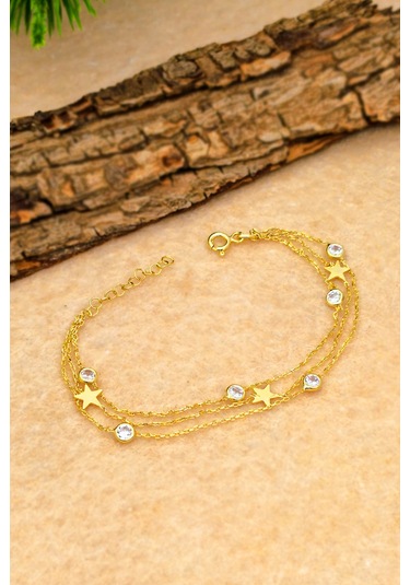 Silvera Telkari Yıldız Gümüş Bileklik Altın Rengi Taşlı Üç Zincirli Kadın Gümüş Bileklik 925 Ayar St374 Altın Kaplama