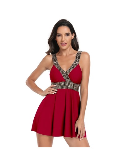 Büyük Beden Muhafazakar Etek Ayrık Kurdela Plaj Elbisesi Kırmızı