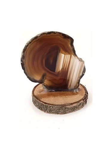 Doğal Taş Plaka Akik Kahverengi Ahşap Standlı Dekoratif Obje Biblo